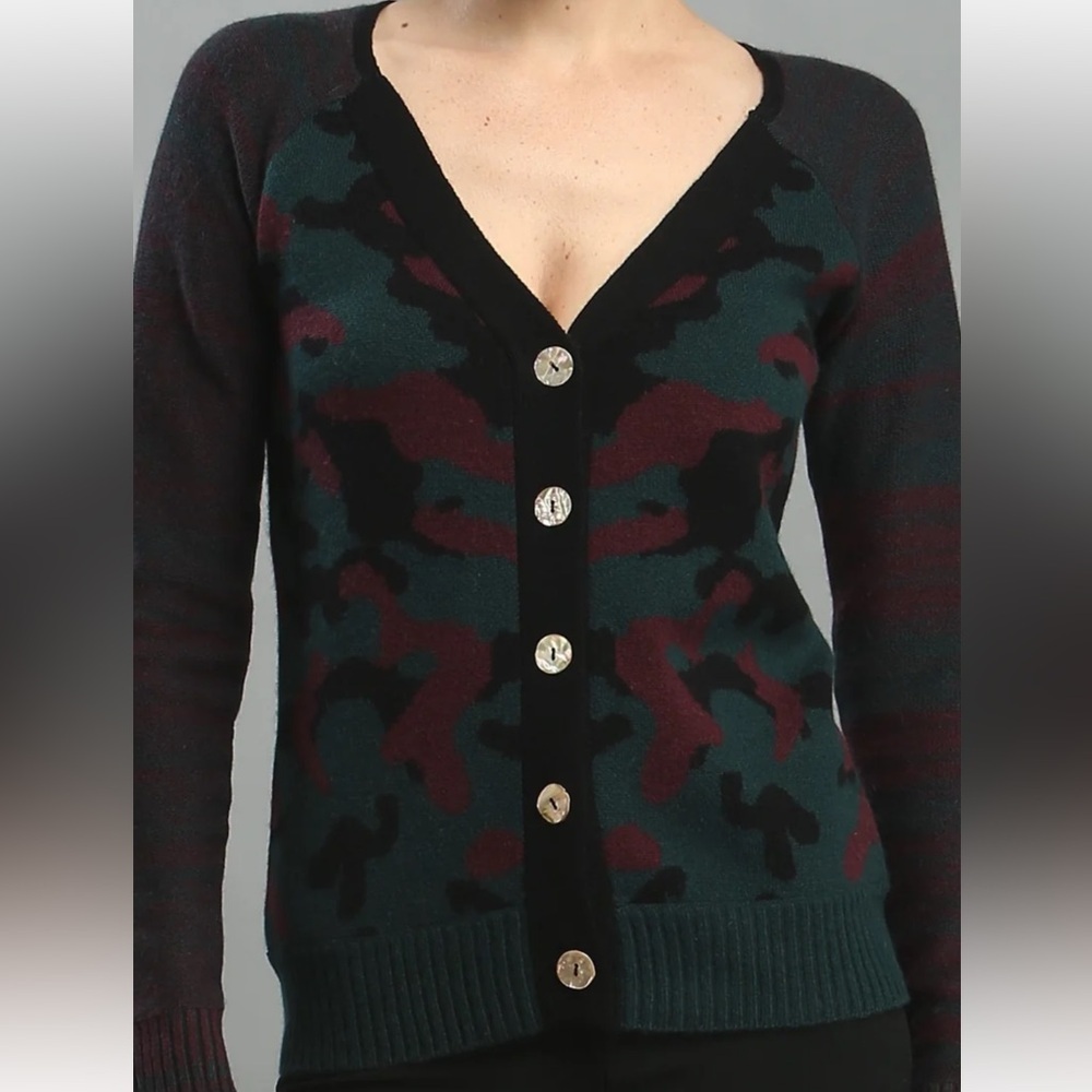 Zoe Couture Large Wool Cashmere Camouflage Cardigan Sweater Red Green Black $395